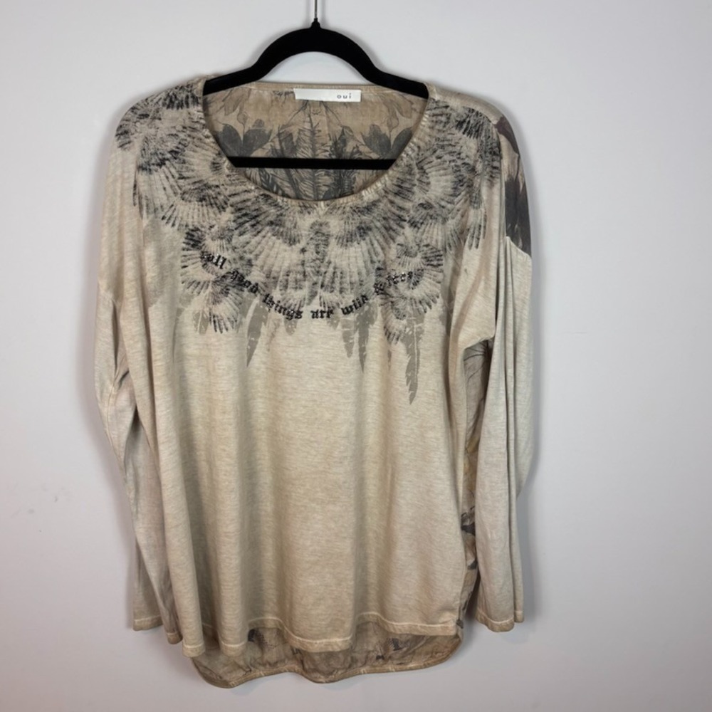 oui Womens Tiger Print Beaded "all good things are wild and free" Top sz USA 10